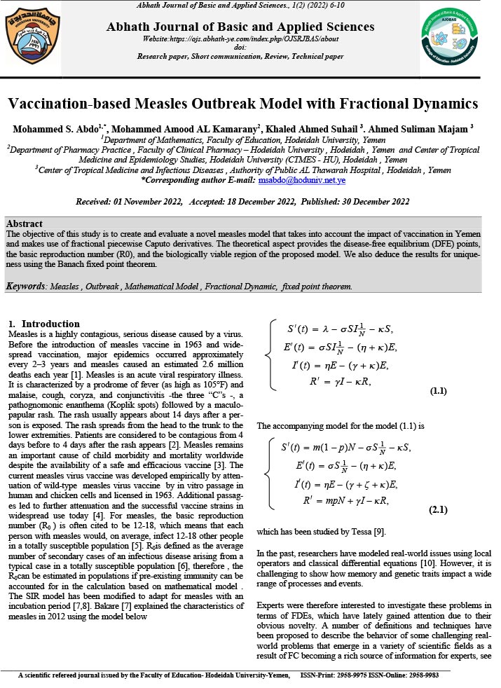 Vaccination-based Measles Outbreak Model with Fractional Dynamics